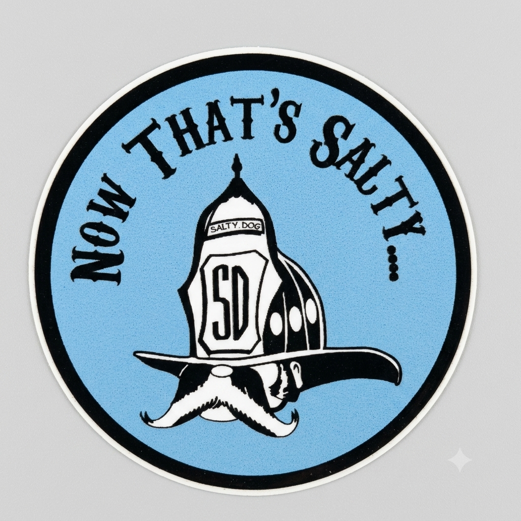 A circular sticker or graphic design featuring a light blue background with a black border, black text reading 'NOW THAT'S SALTY .
