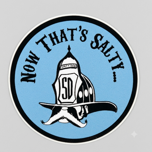 A circular sticker or graphic design featuring a light blue background with a black border, black text reading 'NOW THAT'S SALTY .