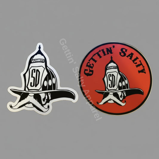 Two Gettin' Salty logos, one black and white and one red and black, on a textured surface. Firefighter gifts and accessories