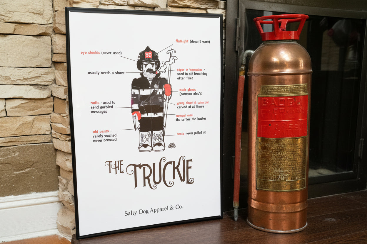 Poster of a character named 'The Truckie' with text on a stone surface.
