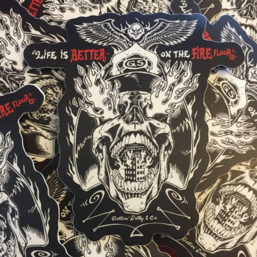 Skull-themed sticker with Life Is Better on the Fire floor