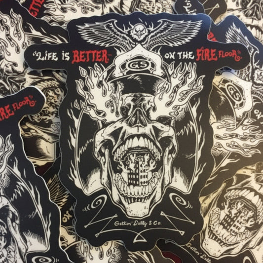 Skull-themed sticker with Life Is Better on the Fire floor alternate view