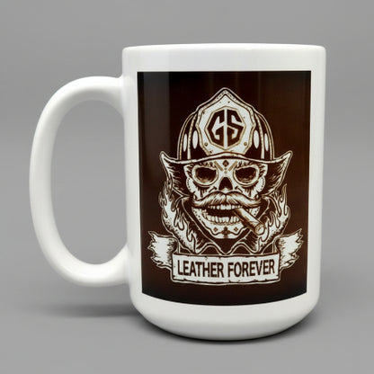 White mug with a graphic design of a skull wearing a helmet and text 'Leather Forever' on a brown background.