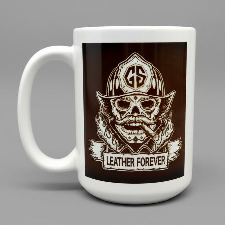 White mug with a graphic design of a skull wearing a helmet and text 'Leather Forever' on a brown background.