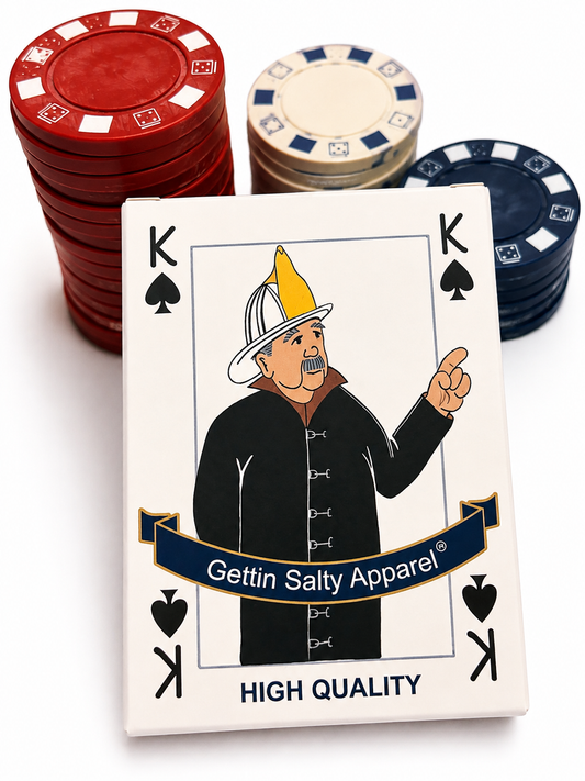 A novelty playing card deck labeled 'K of Spades' with a cartoon firefighter wearing a helmet and pointing, with stacks of red, white, and blue poker chips behind it on a white background.
