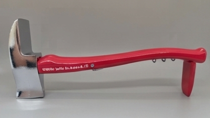 A red and silver hand axe with a textured red handle and a polished steel head, photographed against a neutral gray background.