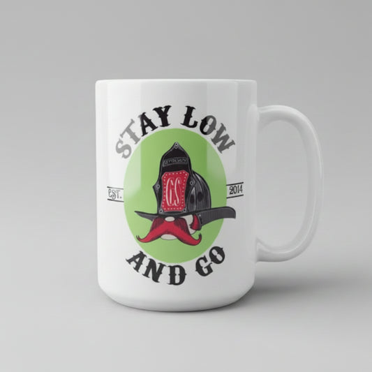 White mug with 'Stay Low and Go' design featuring Gettin' Salty logo