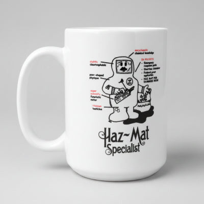White mug with hazmat specialist design