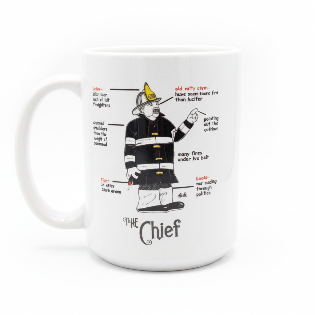 A white ceramic coffee mug featuring a humorous cartoon illustration of a firefighter labeled 'The Chief' with handwritten-style annotations.