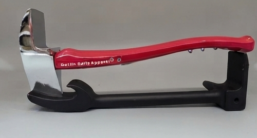 A red and black Gettin' Salty Apparel pike axe and black Halligan bottle opener