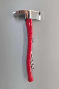 A corkscrew pike axe with a glossy red handle and a polished silver metal head, 