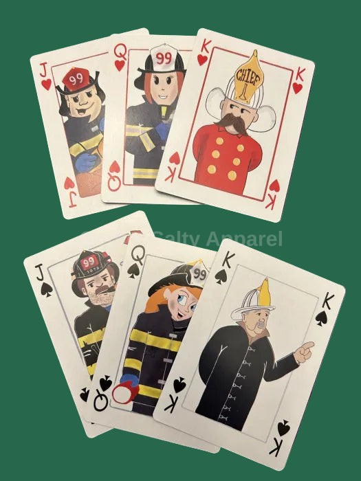 Set of playing cards with firefighter-themed characters