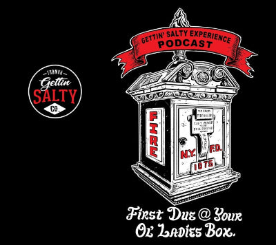 Fire alarm pull box with 'Gettin' Salty Experience Podcast' text on a black background alternate view