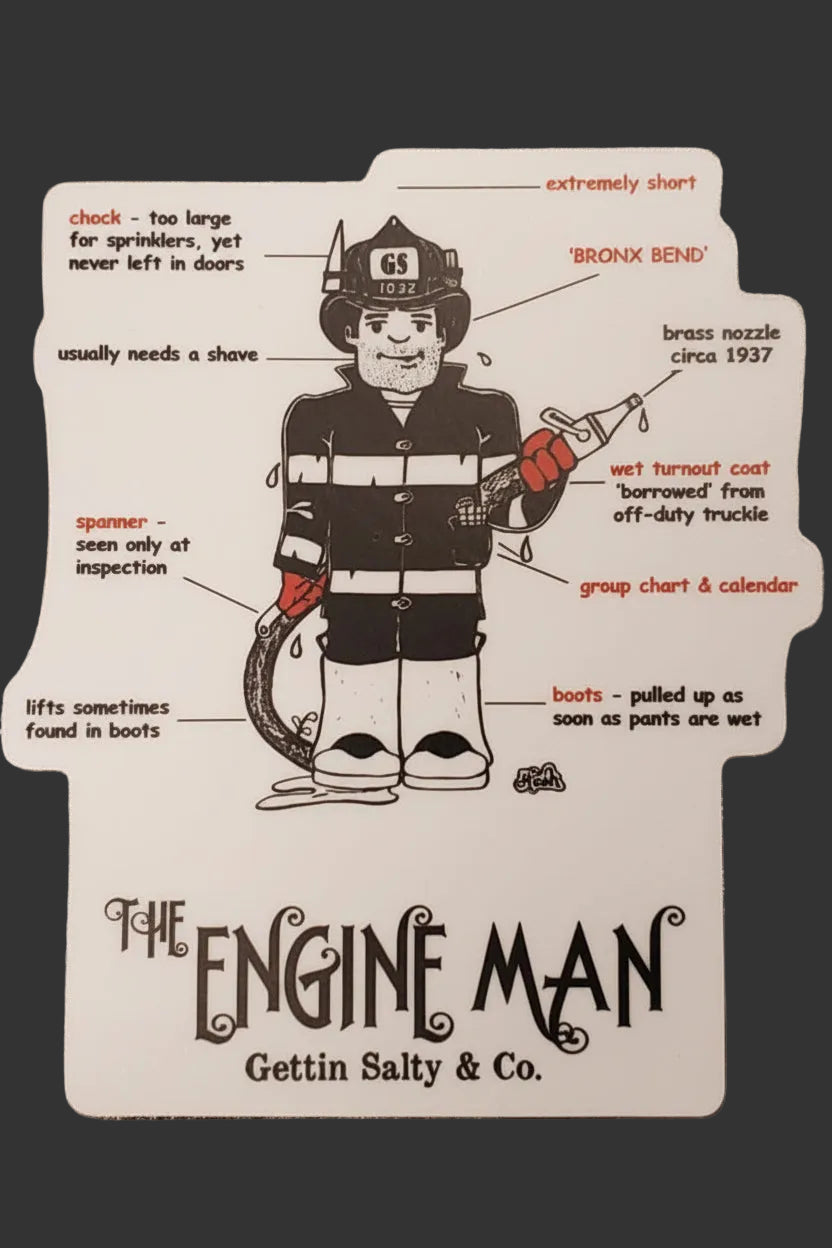 Illustration of a firefighter character with text on a textured surface