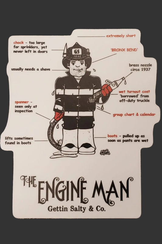 Illustration of a firefighter character with text on a textured surface