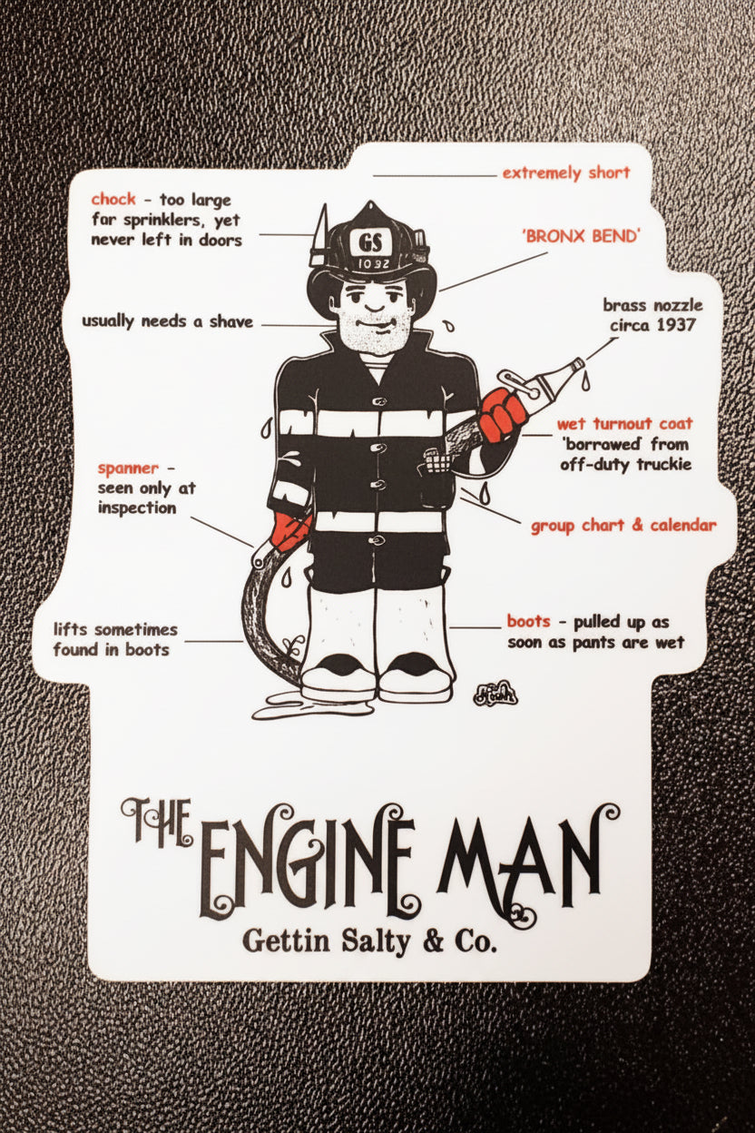 Illustration of a firefighter character with text on a textured surface