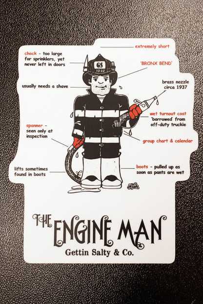 Illustration of a firefighter character with text on a textured surface